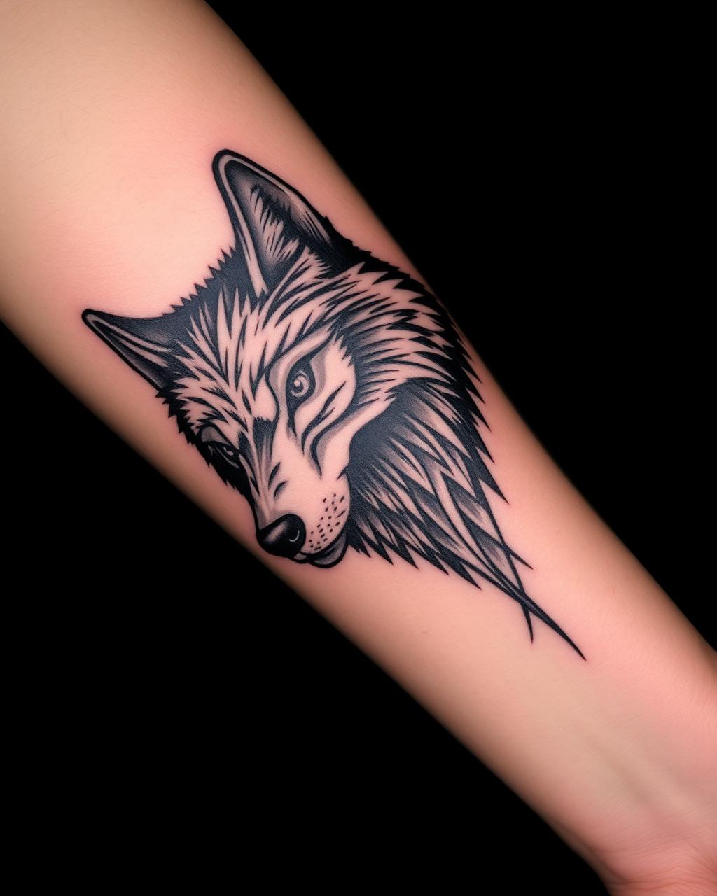 Tatuaje blackwork de lobo en antebrazo