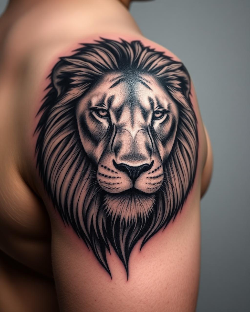 Tatuaje realista de león en hombro