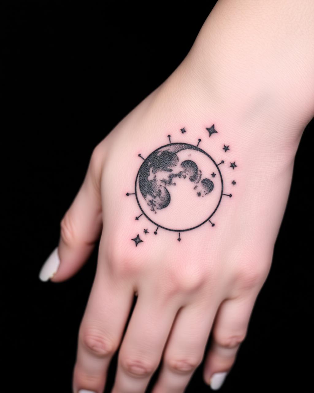 Tatuaje dotwork de luna y estrellas en mano