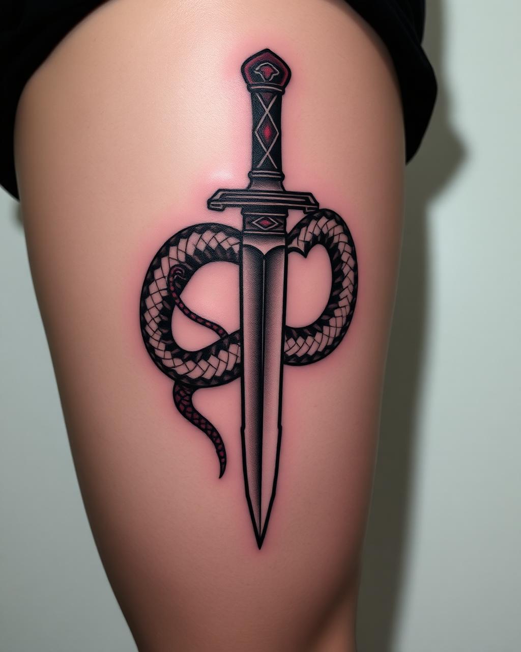 Tatuaje neo-tradicional de serpiente y daga en muslo